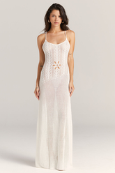 Knit Flower Cutout Tie Up Backless Slim Fit Slip Maxi Dresses-White Pre Order